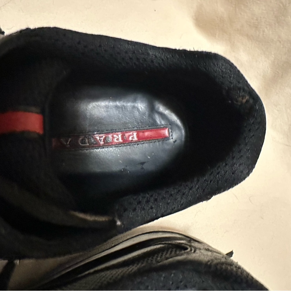 Prada America’s cup Men's Black Leather & Mesh Sneakers with Red Stripe - Picture 6 of 16